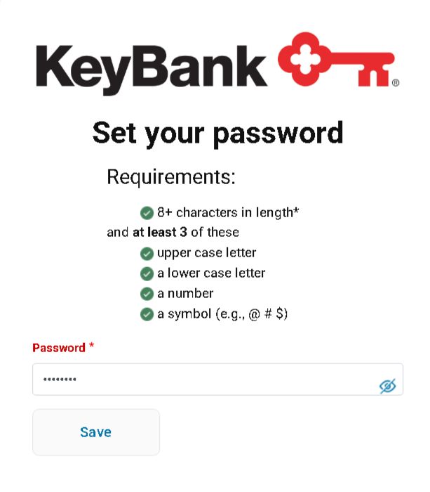 KeyBank “Set your password” page showing password requirements: at least 8 characters and at least three of the following—uppercase letter, lowercase letter, number, or symbol—along with a password input field and a “Save” button.