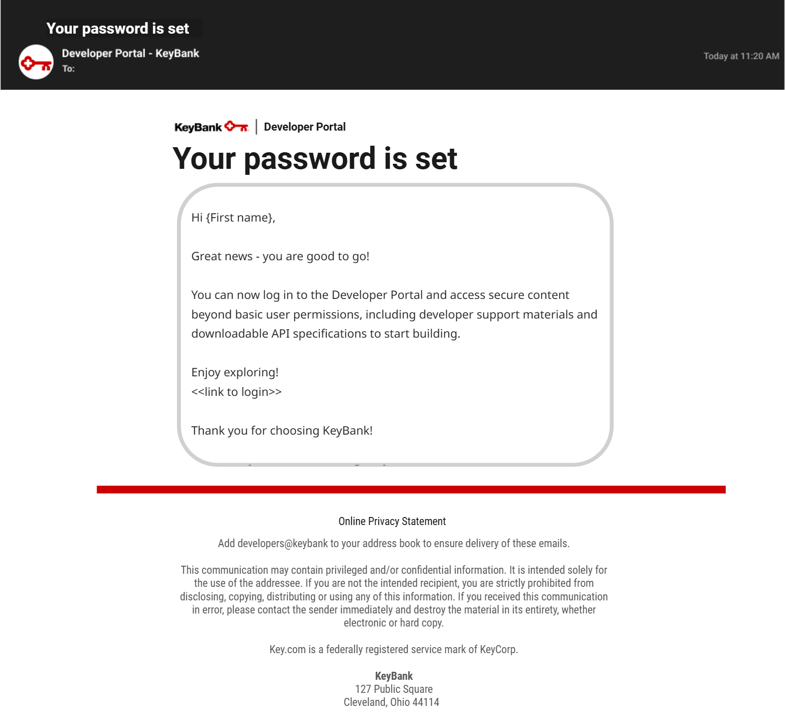 Example email confirming user account and password are successfully set