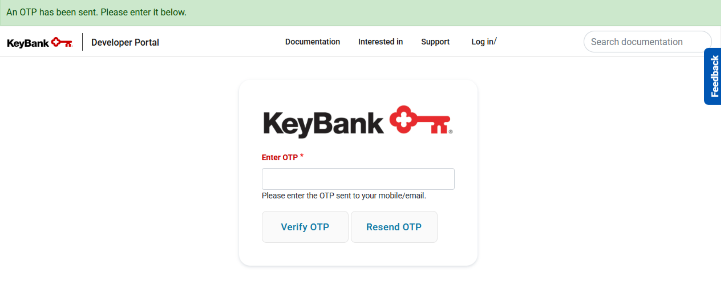KeyBank Developer Portal page prompting the user to enter a one-time password (OTP), with an input field and buttons labeled “Verify OTP” and “Resend OTP,” along with a notice that the OTP has been sent.