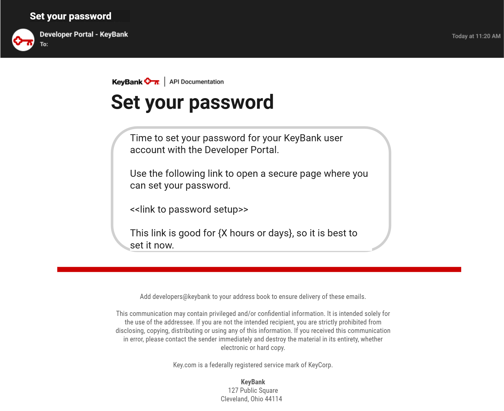Email from KeyBank Developer Portal with subject “Set your password,” instructing the user to follow a secure link to create a password, with a note that the link expires after a limited time.