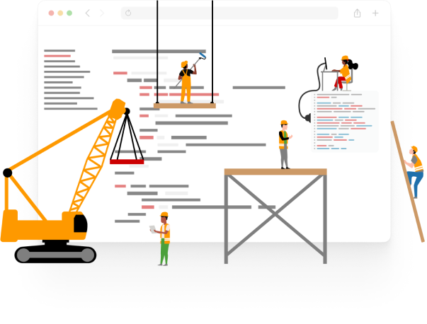 Hero_illustrationConstruction crew and equipment putting together a development website.