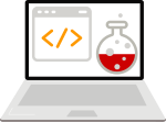 Laptop with code screen and beaker for experiments.